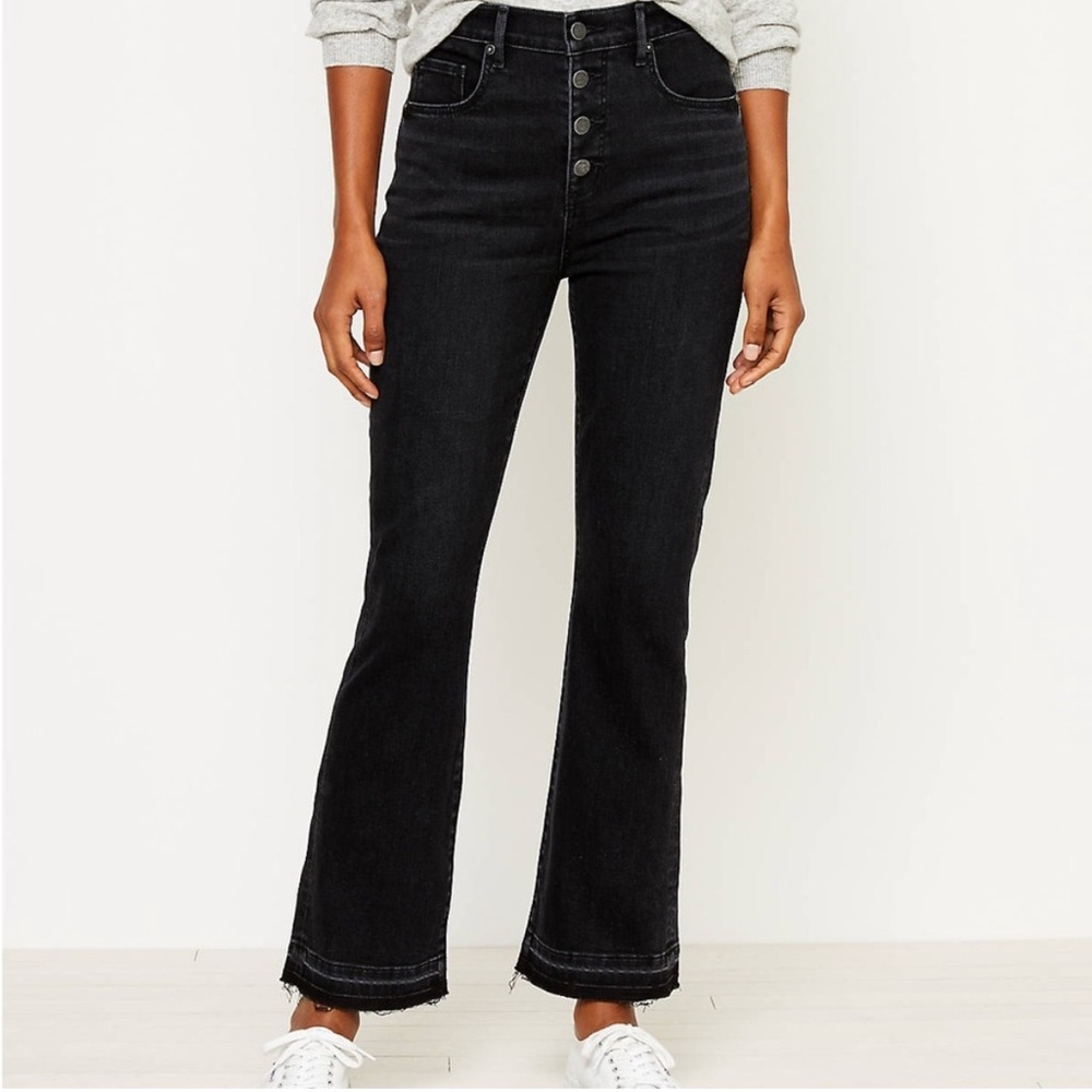 LOFT Washed Black Raw Hem Button Fly High Rise Flare Crop Jeans 27 4